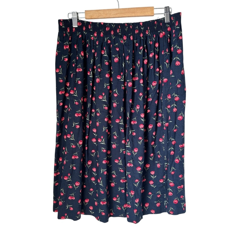 Vintage 90s Midi Skirt Black Floral Made in USA‎ Cottagecore Retro Grunge Large